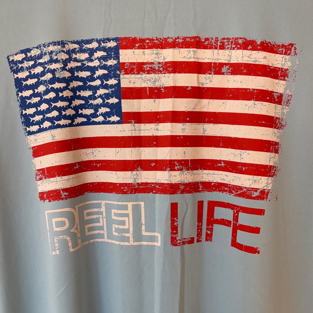 Reel Life Men's Light Blue American Flag Performance Fishing Long Sleeve Shirt - Picture 5 of 5